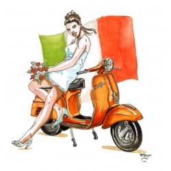 Vespa orange avec drapeau